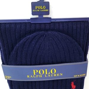 POLO RALPH LAUREN HREY AND NAVY BLUE BEANIE AND SCARF SET, UNISEX, ONE SIZE